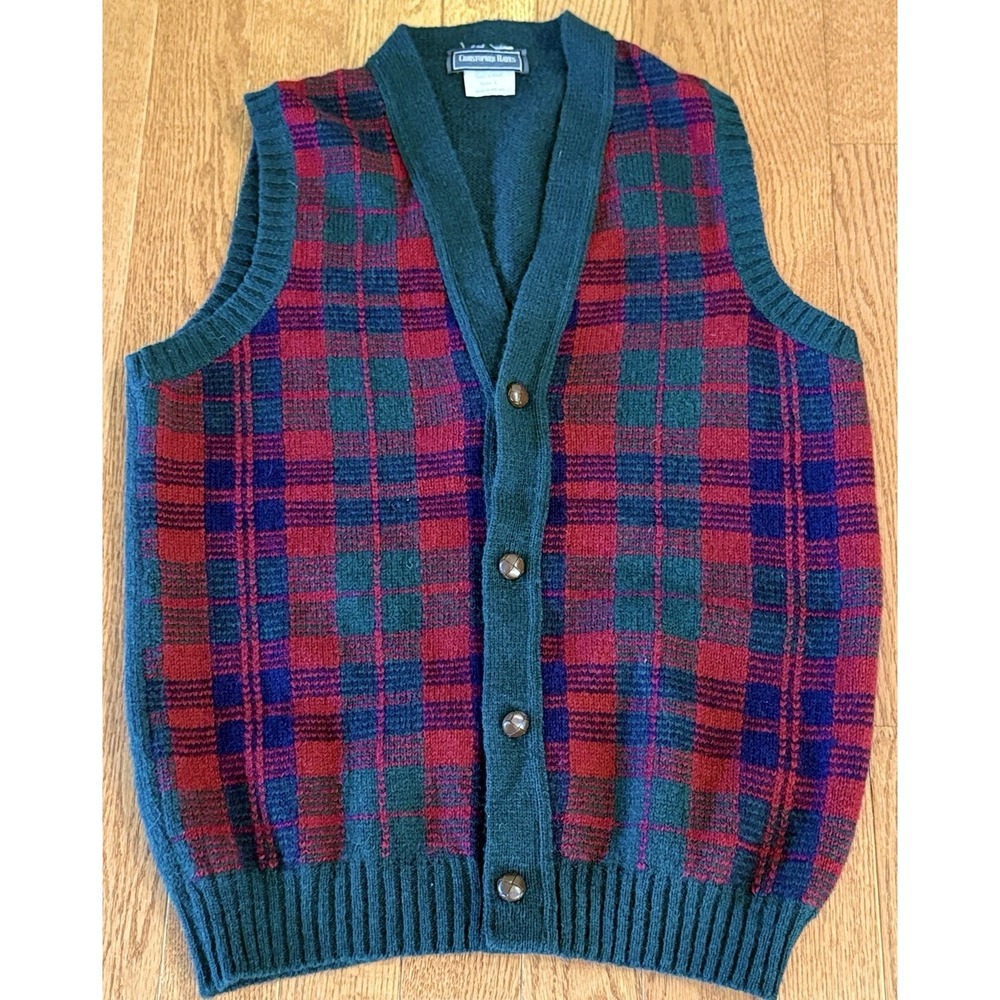 Christopher Hayes Sweater Vest Mens L Green And Tartan Plaid Irish Wool Grandpa